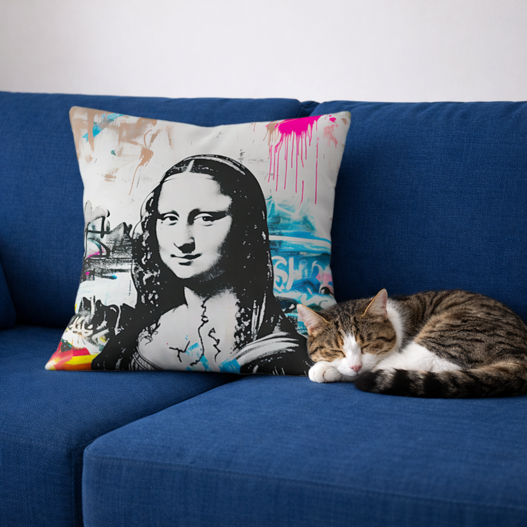 Graffiti Tarzı Modern Mona Lisa İllüstrasyonu Dekoratif Kırlent Kılıfı