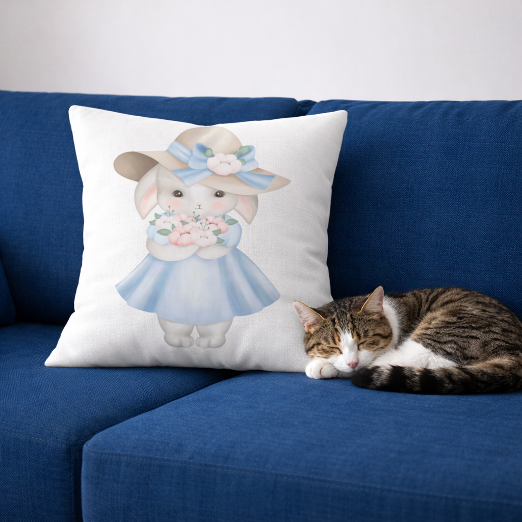 Cute Bunny with Hat Holding Flowers Decorative pillow cover
