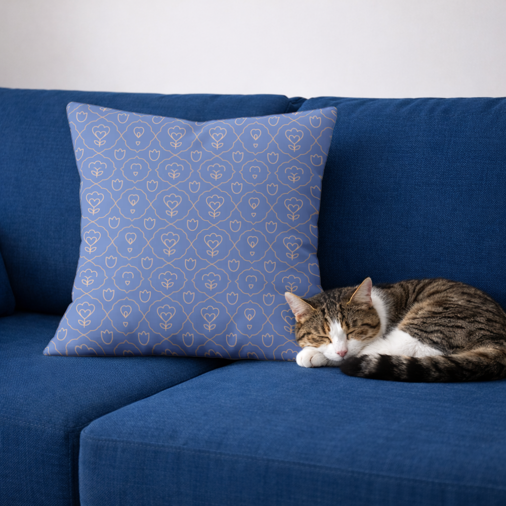 Orange Linear Floral Pattern on Blue Decorative pillow cover