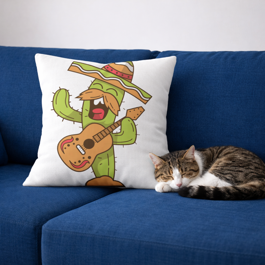 Gitar Çalan Mariachi Kaktüs Dekoratif Kırlent Kılıfı