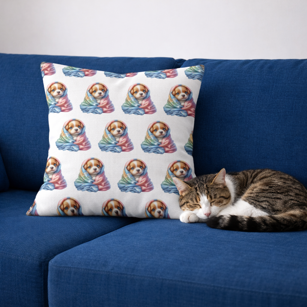 Cute Puppy Wrapped in Colorful Blanket Decorative pillow cover