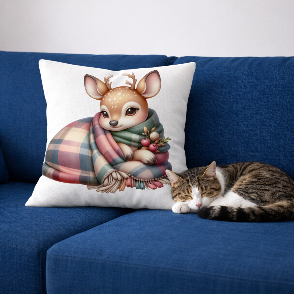 Kawaii Baby Deer with Plaid Scarf Decorative pillow cover