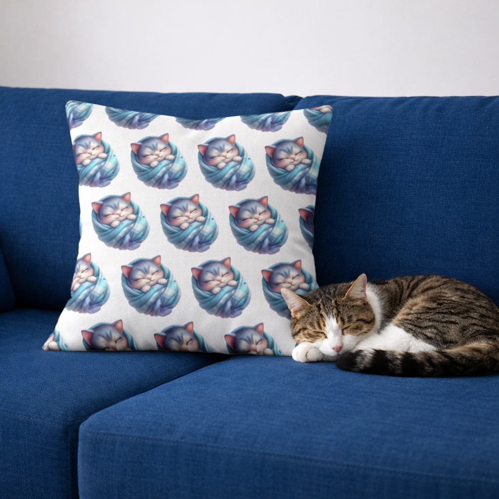Kawaii Mavi Battaniyeli Uyuyan Kedi Dekoratif Kırlent Kılıfı