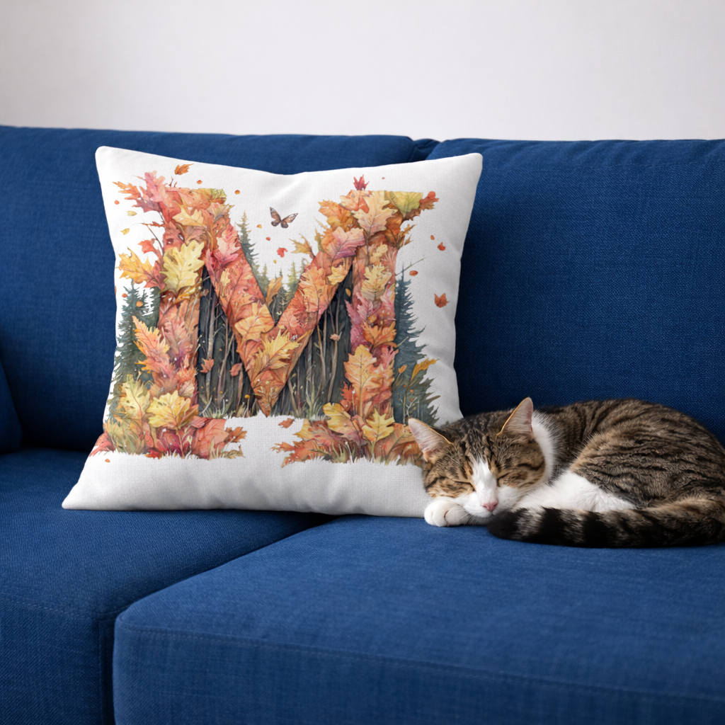 Autumn Letter M With Fall Leaves Decorative pillow cover