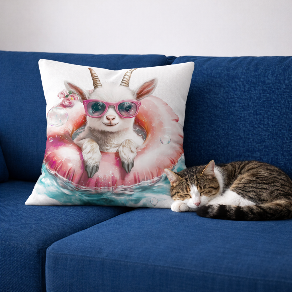 Baby Goat in Pink Pool Ring Decorative pillow cover