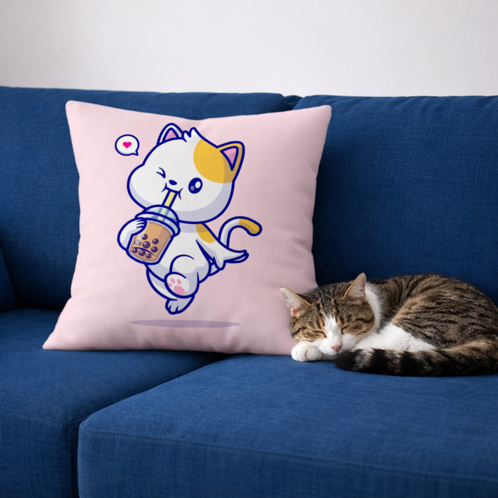 Kawaii Cat Drinking Boba Tea Decorative pillow cover