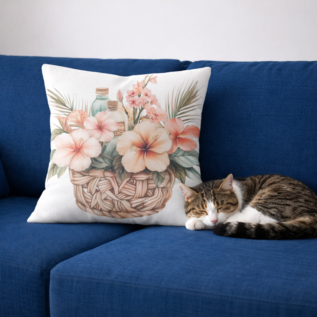 Tropical Hibiscus Flower Woven Basket Decorative pillow cover