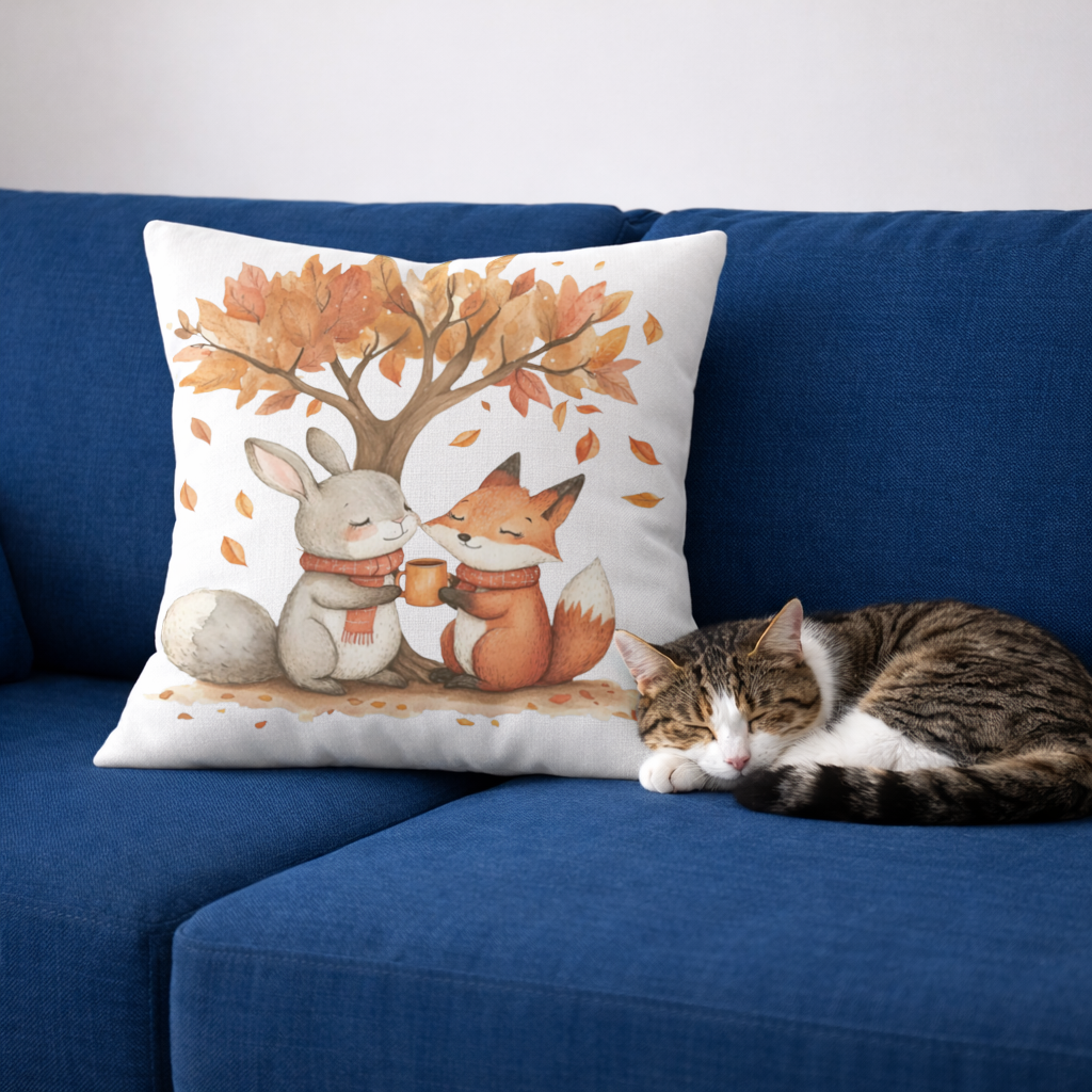 Cozy Autumn Fox and Rabbit Decorative pillow cover