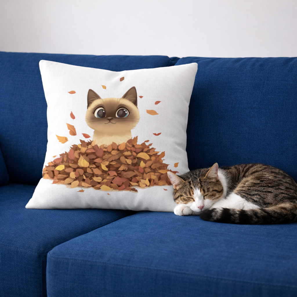 Siamese Cat in Autumn Leaf Pile Decorative pillow cover