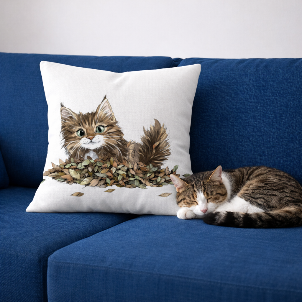 Cute Fluffy Kitten in Autumn Leaves Decorative pillow cover