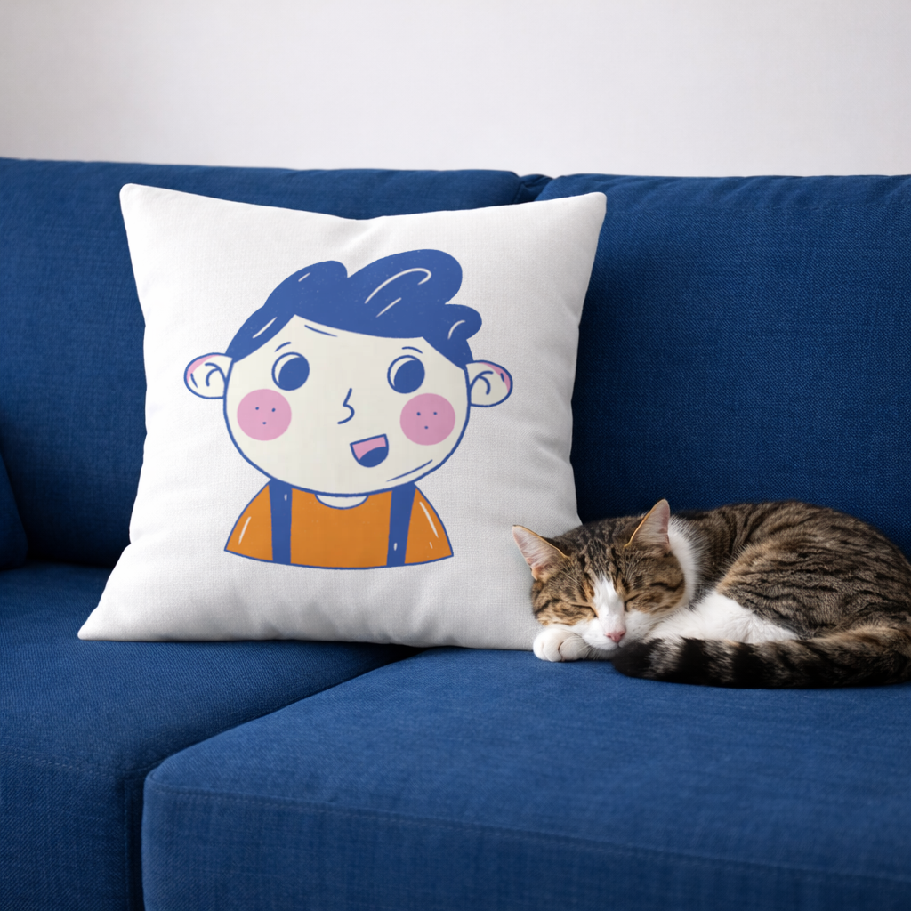 Cute Smiling Boy with Blue Hair Decorative pillow cover