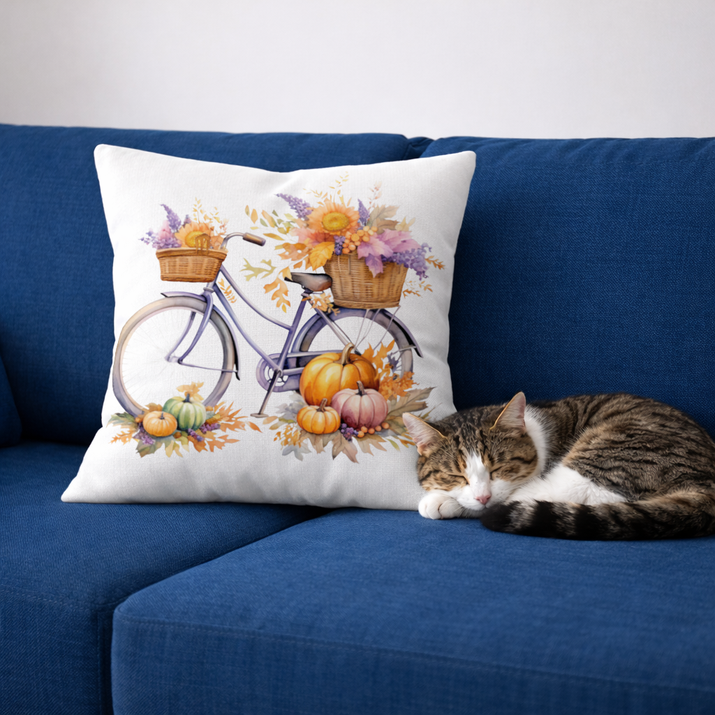 Lavender Autumn Bicycle with Pumpkins Decorative pillow cover