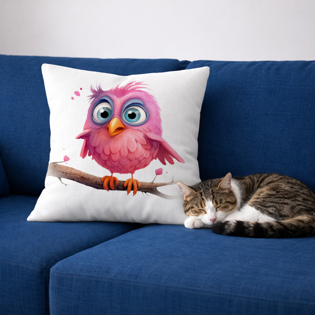 Cute Pink Bird with Large Blue Eyes Decorative pillow cover