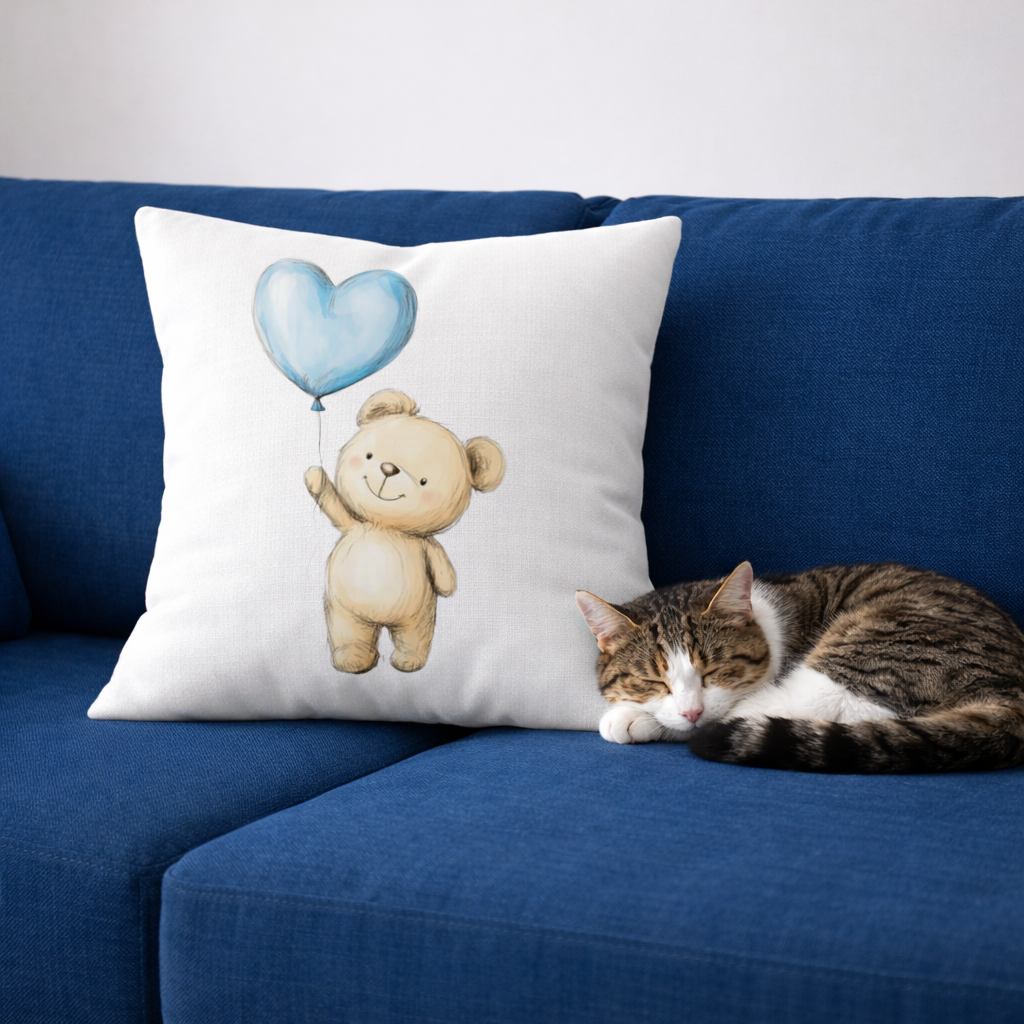 Cute Teddy Bear with Blue Heart Balloon Decorative pillow cover