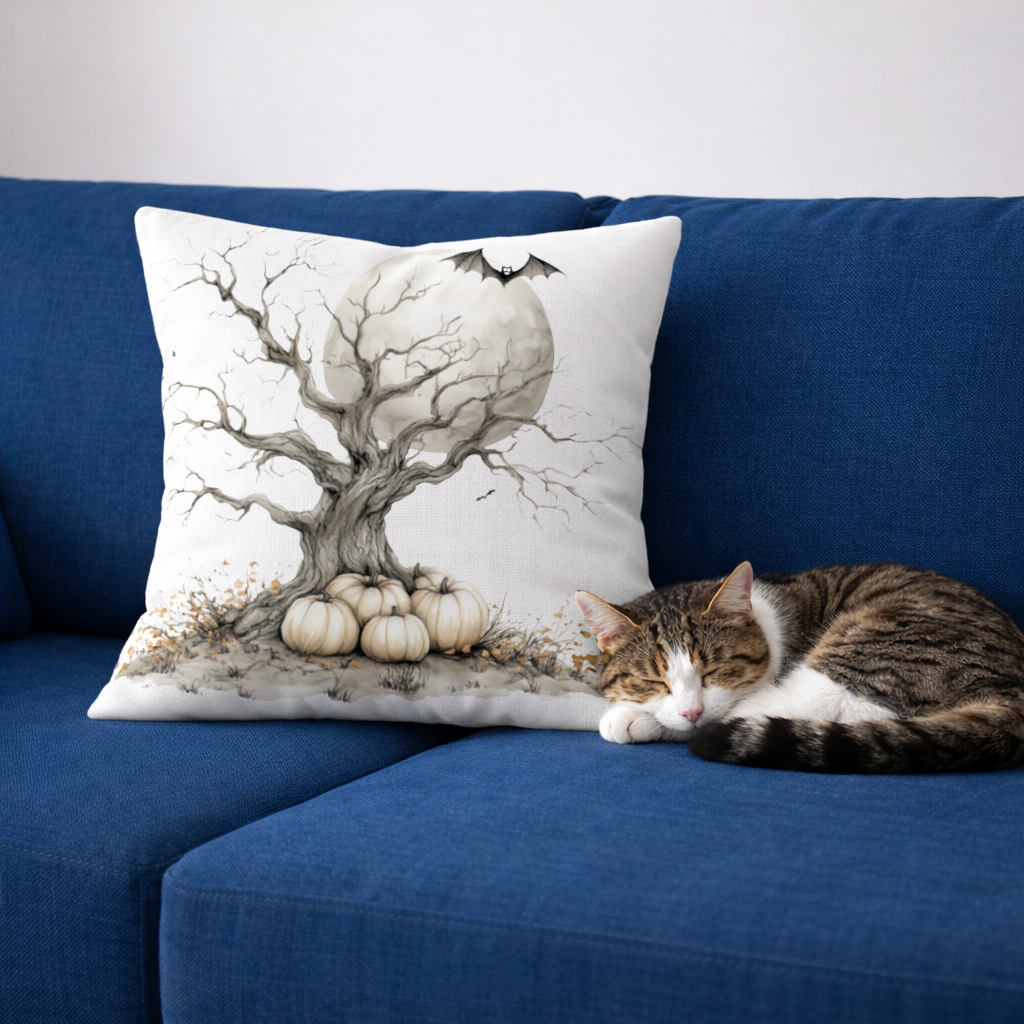 Spooky Tree with White Pumpkins Moon Decorative pillow cover