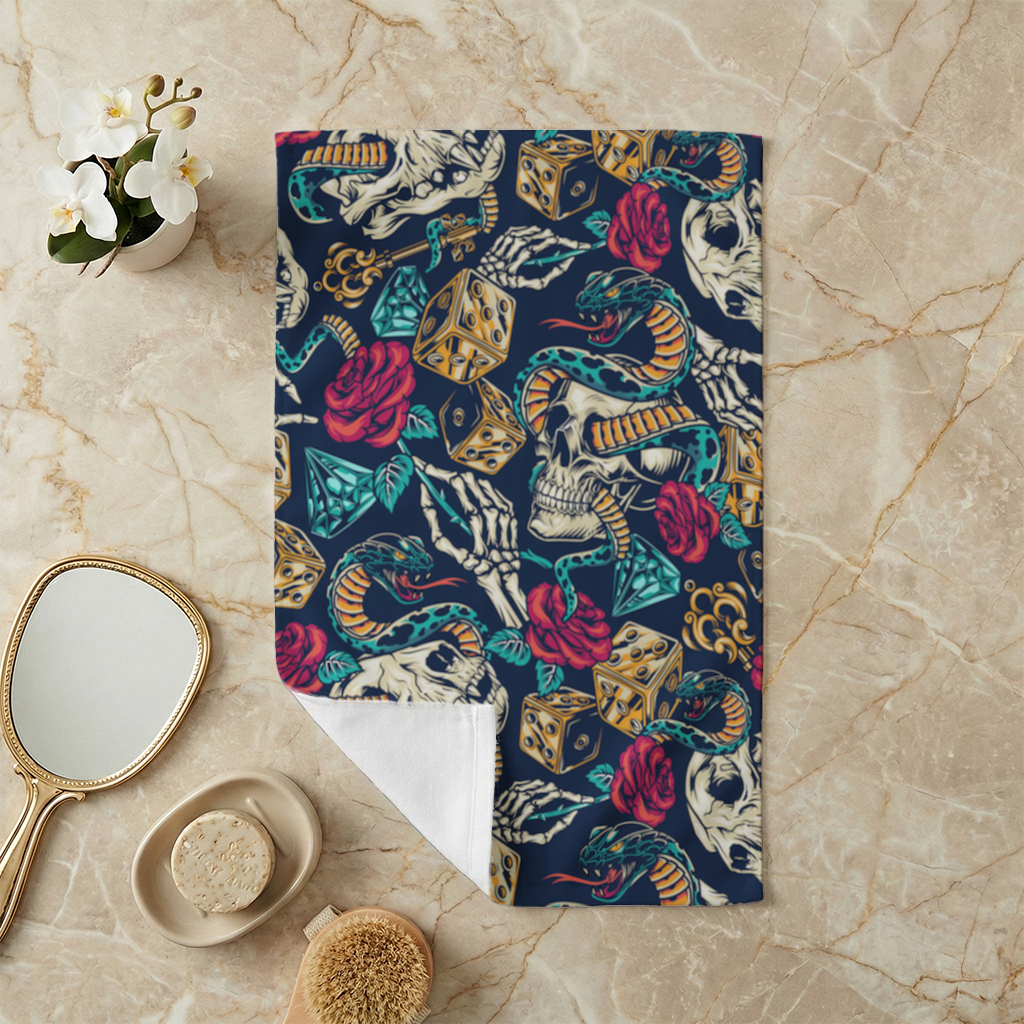 Skull Snake Dice and Roses Pattern Hand Towel