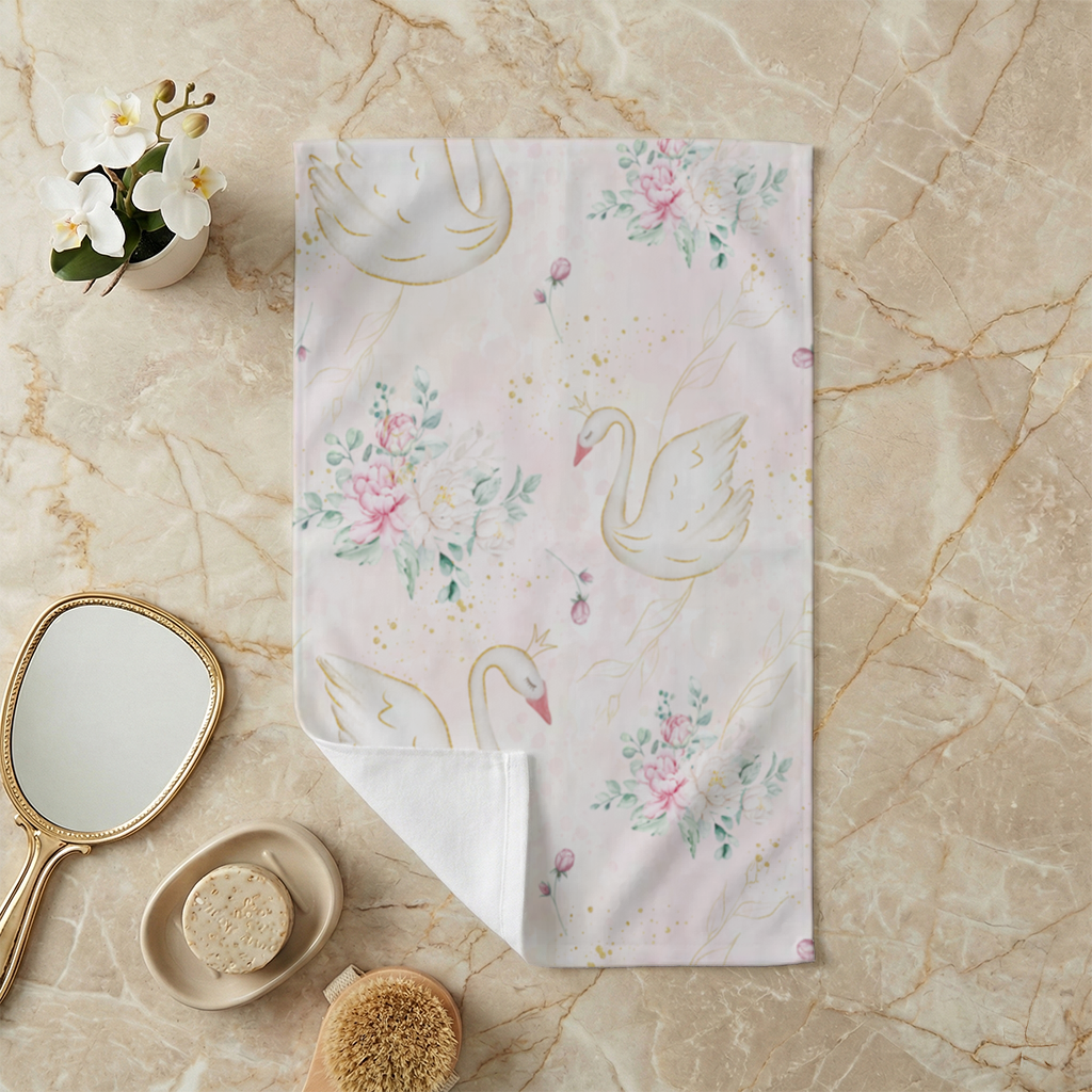 Pastel Watercolor Swan Floral Pattern Hand Towel