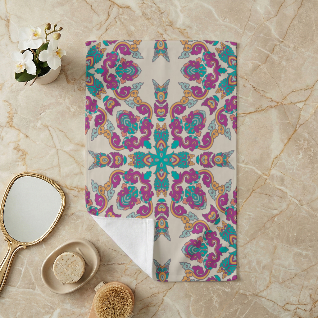 Colorful Oriental Symmetrical Mandala Pattern Hand Towel