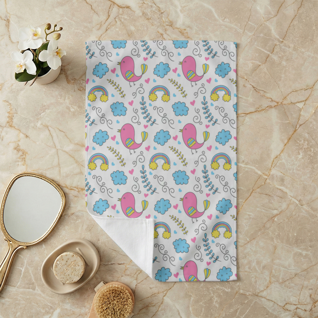 Cute Pink Bird and Rainbow Kids Pattern Hand Towel