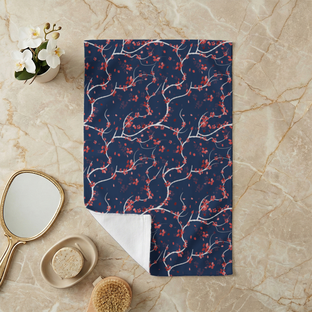Red Floral Branch Pattern on Navy Background Hand Towel