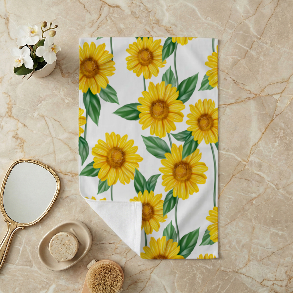 Vibrant Yellow Sunflower and Green Leaf Pattern Illustration Hand Towel