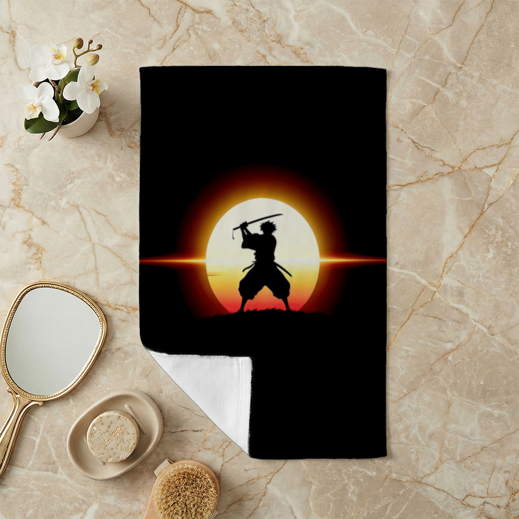 Samurai Silhouette Under the Rising Sun Honor and Strength Hand Towel