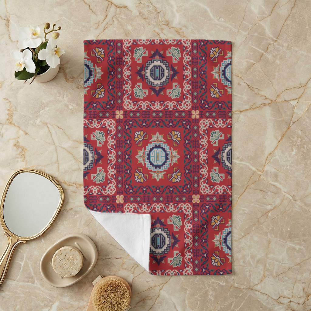 Traditional Kilim Inspired Red Ethnic Geometric Pattern Hand Towel