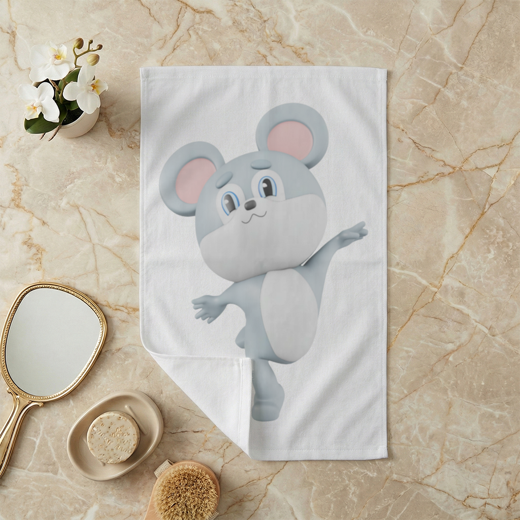 Dancing Cute Grey Mouse Character Hand Towel