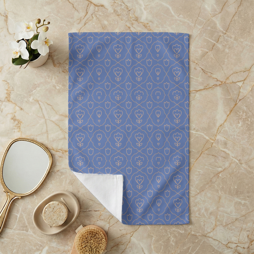 Orange Linear Floral Pattern on Blue Hand Towel
