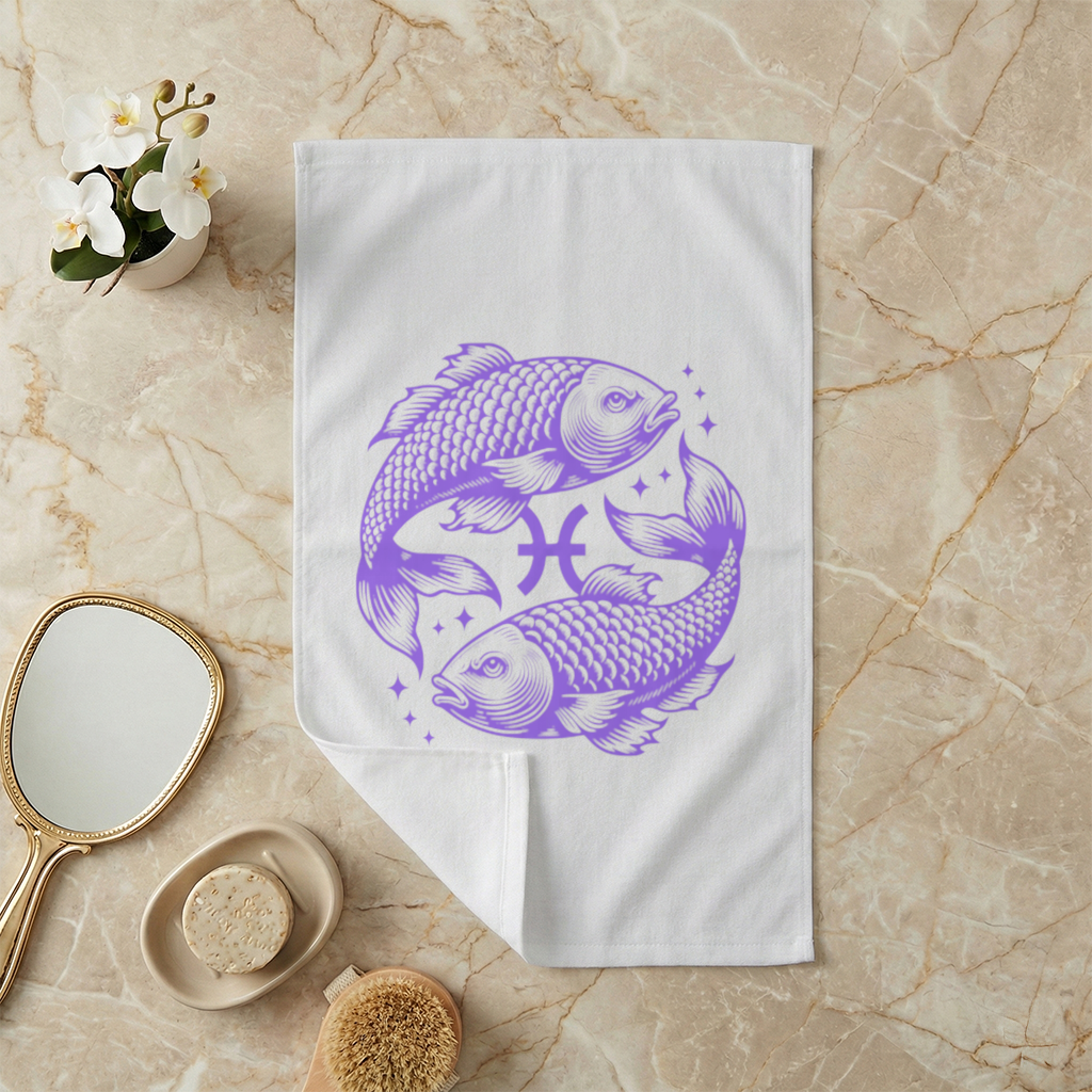 Pisces Zodiac Symbol with Purple Fish Art Hand Towel