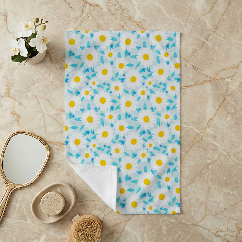 Daisy Garden and Turquoise Leaves Pattern Hand Towel