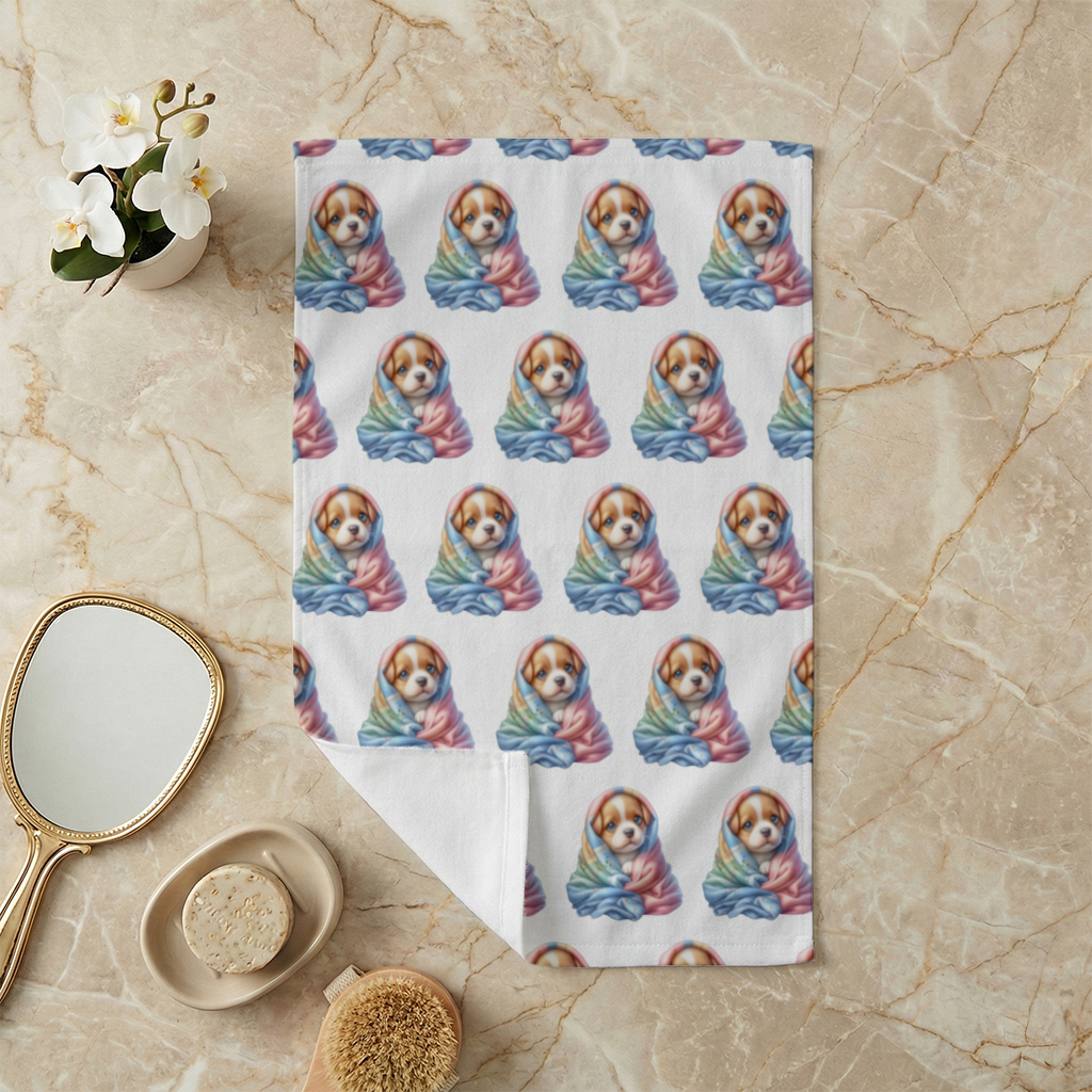 Cute Puppy Wrapped in Colorful Blanket Hand Towel