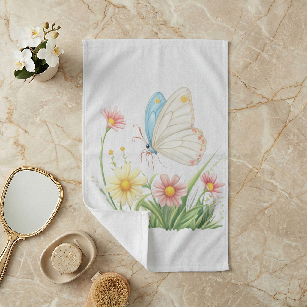 Whimsical Pastel Butterfly and Wildflowers Hand Towel