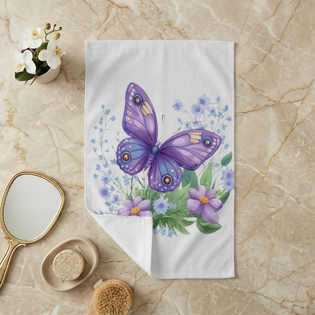 Cottagecore Purple Butterfly Floral Hand Towel