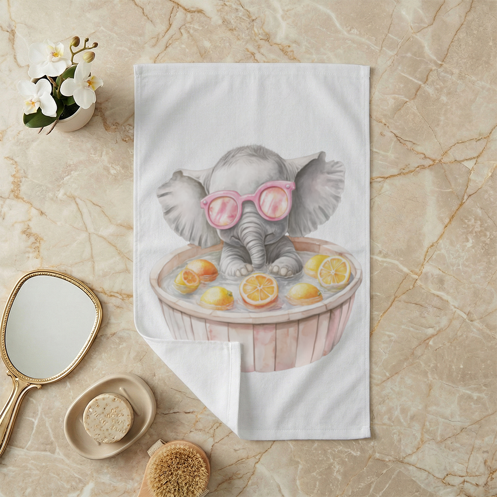 Baby Elephant in Pink Sunglasses Citrus Bath Hand Towel