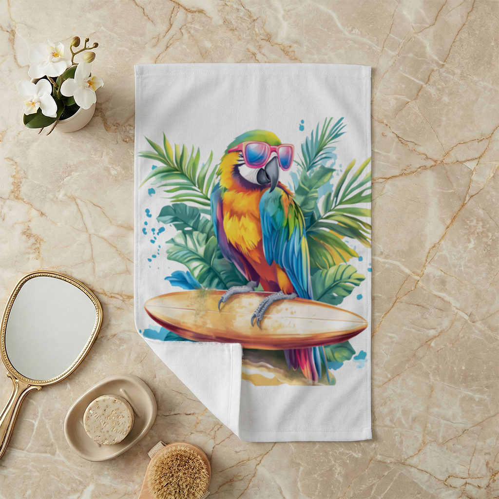Surfing Parrot with Pink Sunglasses Hand Towel