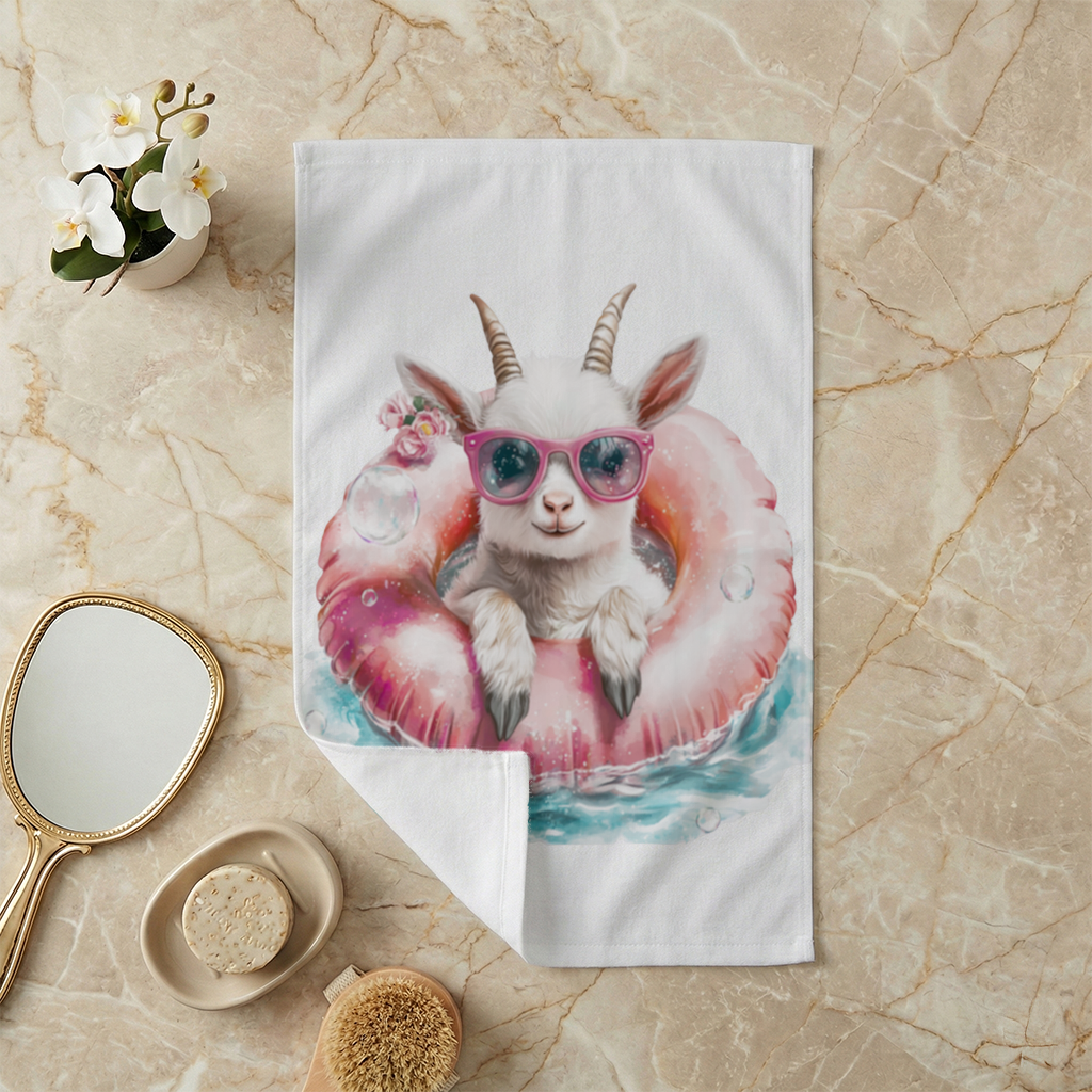 Baby Goat in Pink Pool Ring Hand Towel