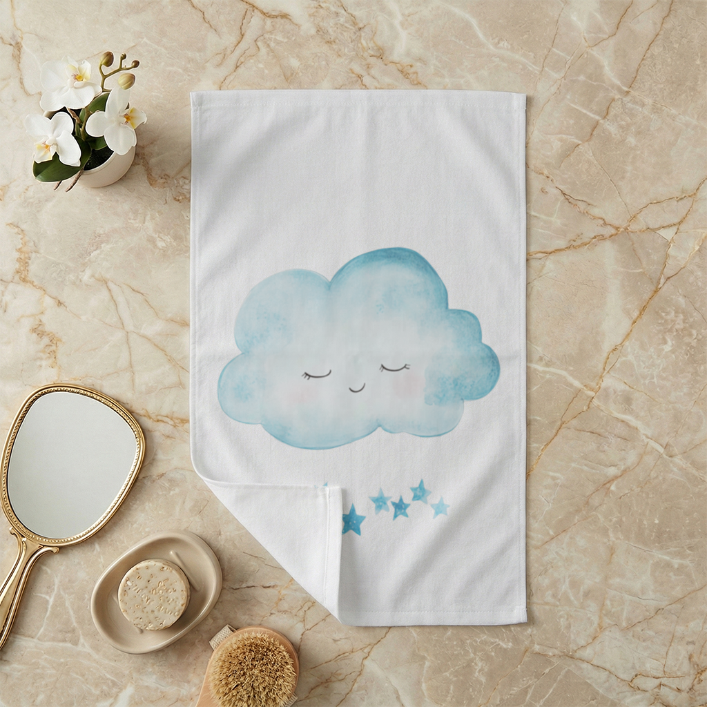 Watercolor Sleepy Cloud and Blue Stars Hand Towel