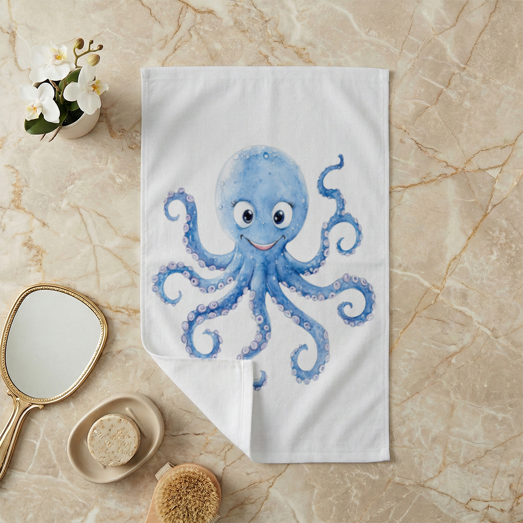 Cute Blue Watercolor Octopus Hand Towel