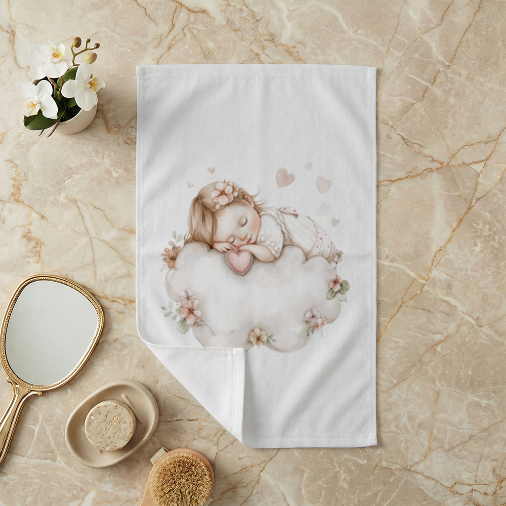 Sleeping Baby Girl on Floral Cloud Hand Towel
