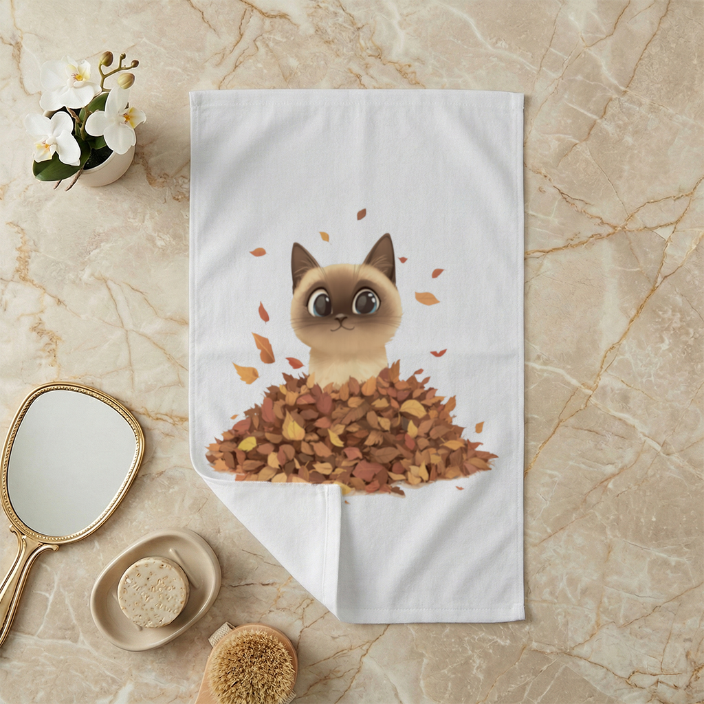 Siamese Cat in Autumn Leaf Pile Hand Towel