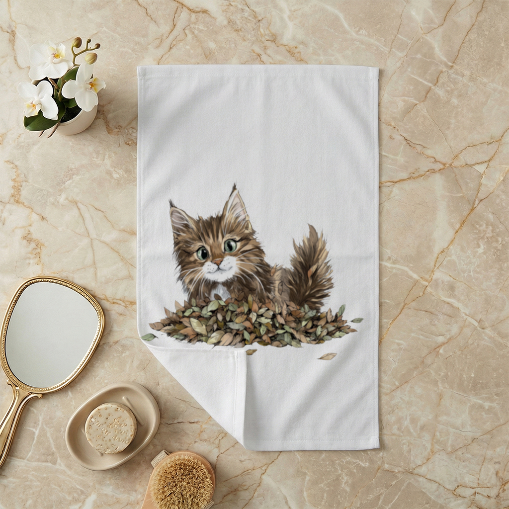 Cute Fluffy Kitten in Autumn Leaves Hand Towel