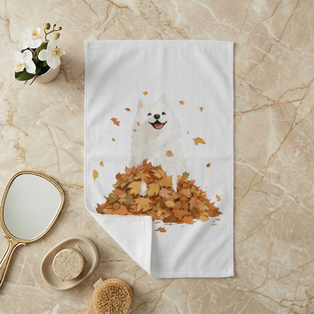 Happy White Dog in Autumn Leaves Hand Towel