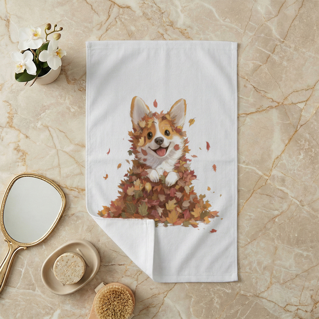 Happy Corgi Puppy in Fall Leaves Hand Towel