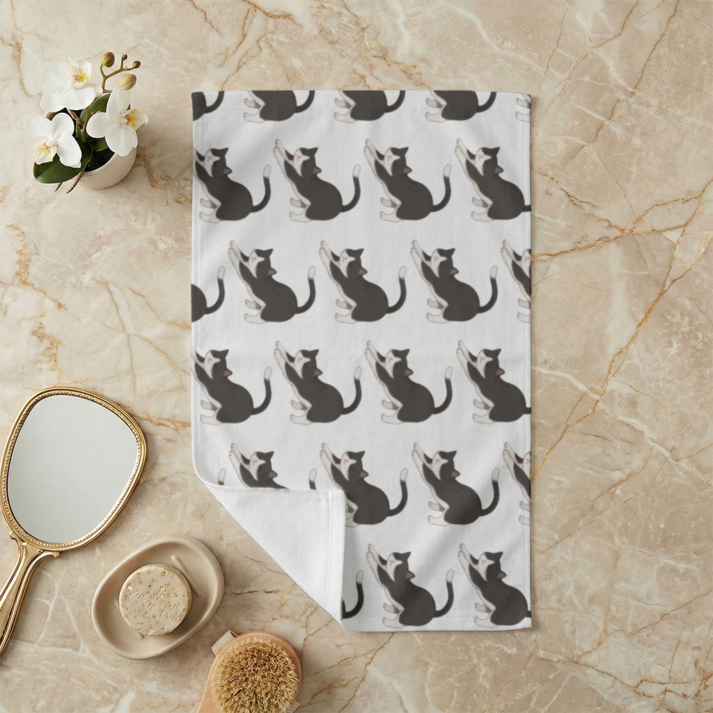 Stretching Tuxedo Cat Hand Towel