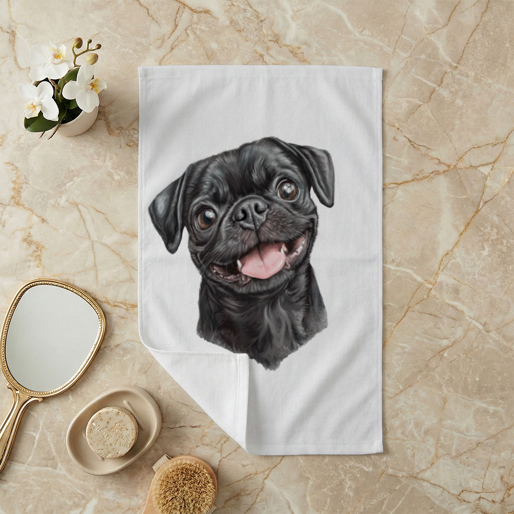 Happy Black Pug Face Hand Towel