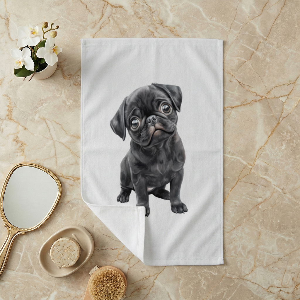 Masum Bakışlı Siyah Pug Yavrusu El Havlusu