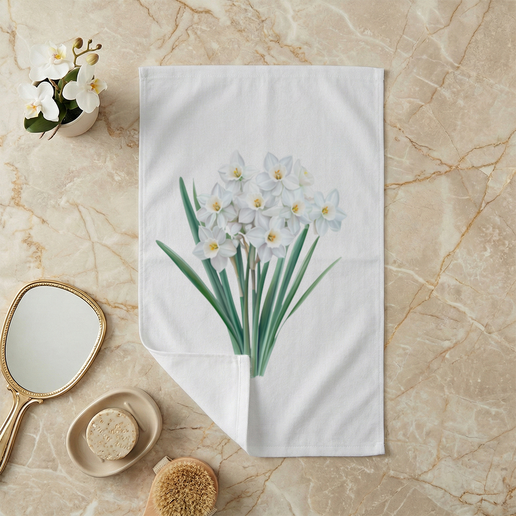 White Daffodil Bouquet Botanical Hand Towel
