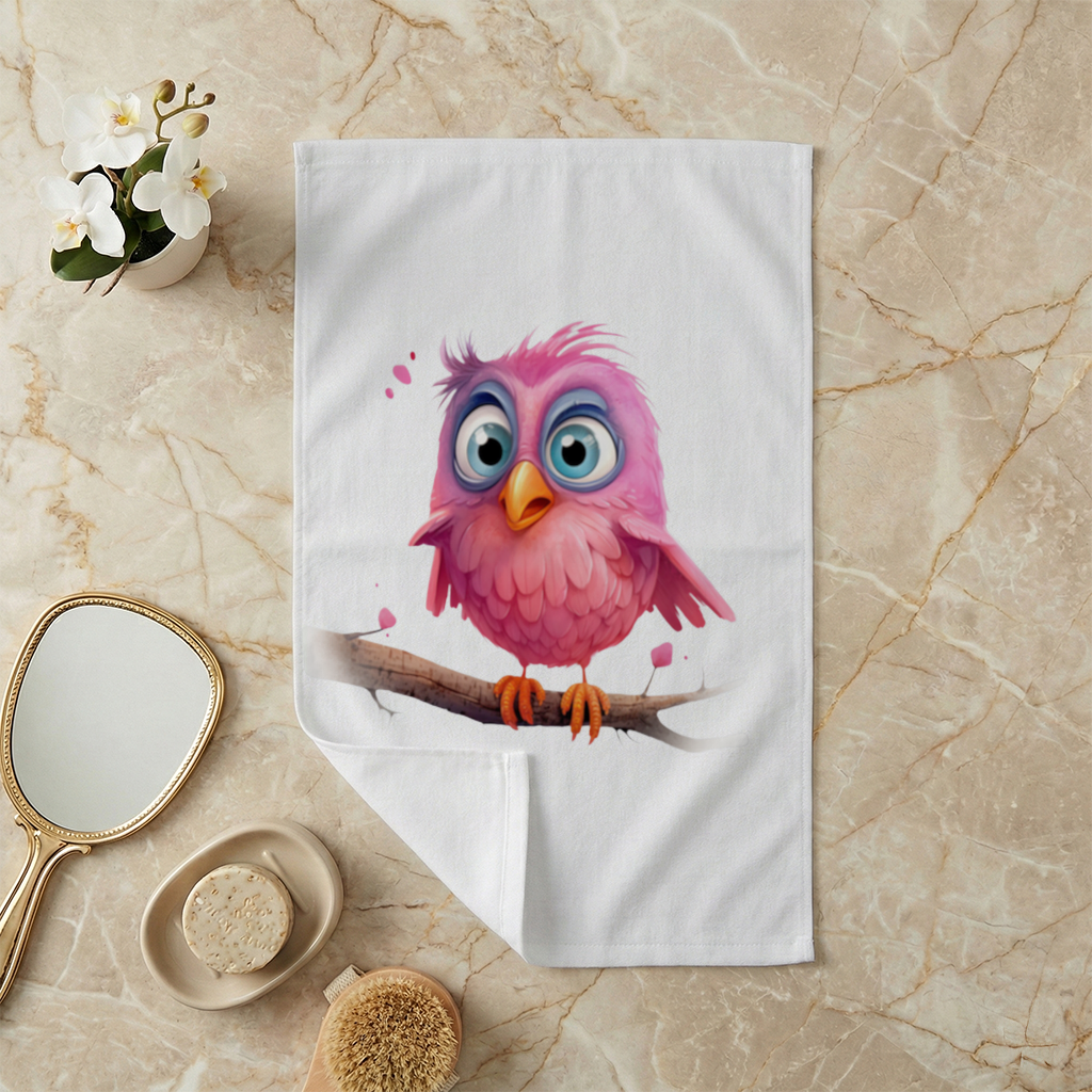 Cute Pink Bird with Large Blue Eyes Hand Towel