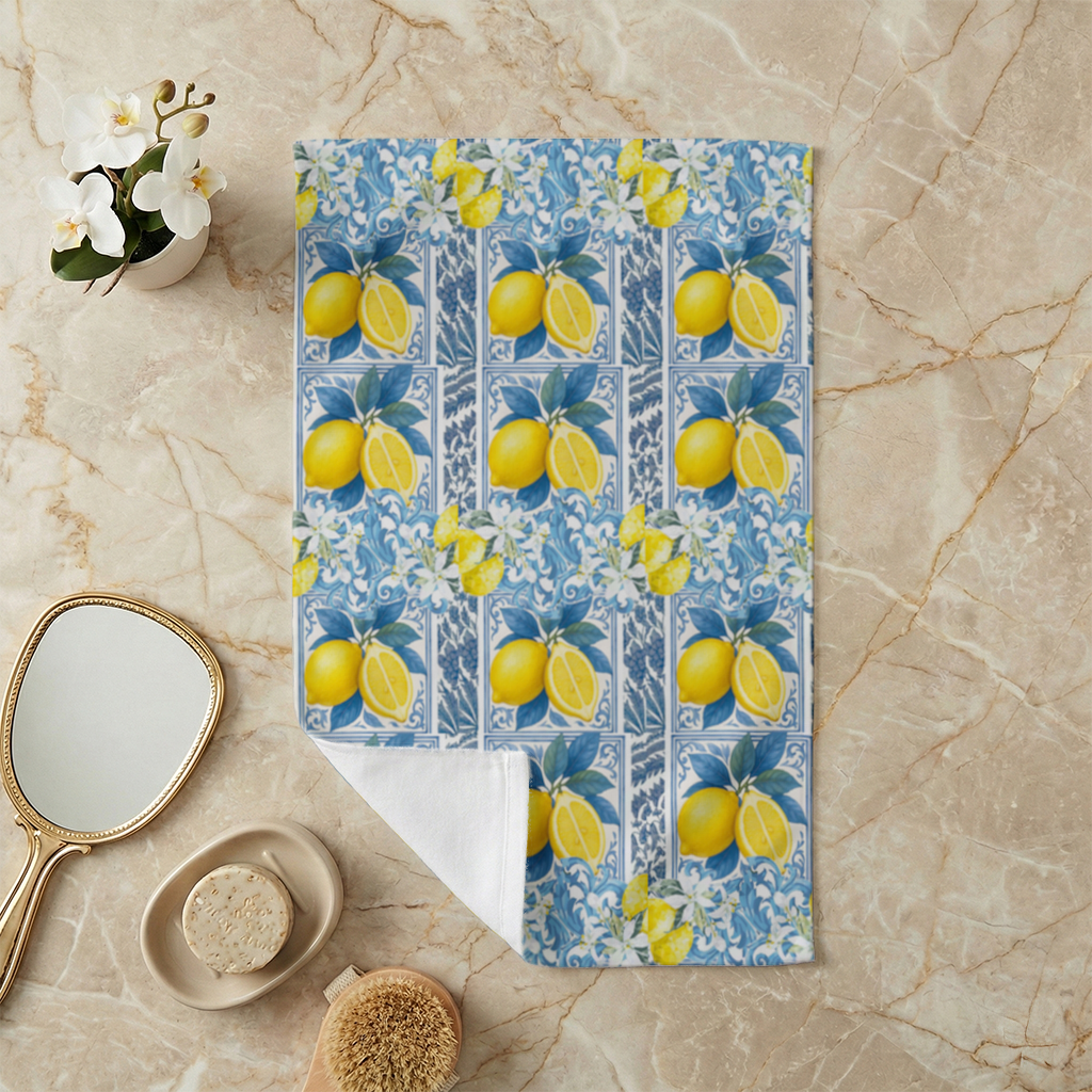 Mediterranean Lemon and Blue Azulejo Tile Pattern Hand Towel
